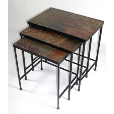 Imagem de Zhongma Conjunto de 3 mesas de encaixe, mesas de canto com tampo de mesa de ardósia, pedra real sólida, mesa lateral, mesa de destaque