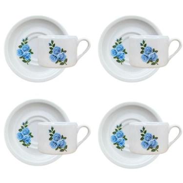 Imagem de Jogo 4 xícaras Café/Chá com pires 170ml Base Reta Flor Azul - Antilope