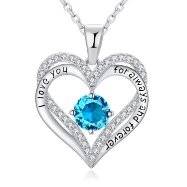 Imagem de DFUNH Colar com pingente de coração para mulheres, colar com pingente de prata esterlina 925 para meninas aniversário de aniversário dia dos namorados joias de natal presentes para esposa, namorada, mãe, Prata esterlina, Zircônia cúbica Água-marinha sintética