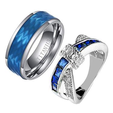 Imagem de Ringcrown Anéis para casais corte princesa azul CZ conjunto de alianças de casamento masculinas de aço de titânio (compre 2 anéis para 1 par), men size 8, Metal Cristal Metal Cristal Strass, Zircônia cúbica