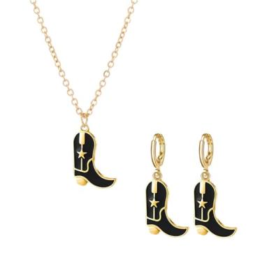 Imagem de Dreuyet Conjunto de brincos e colar de botas de vaqueira para mulheres e meninas delicados moda ocidental botas de cowboy colar de corrente banhado a ouro 14K chapéu de cowboy colar pingente colar estilo ocidental joias presente, Metal, Sem Pedra Preciosa