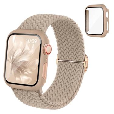 Imagem de Pulseira elástica trançada compatível com relógio Apple e capa de 40 mm, 41 mm, 42 mm, 44 mm, 45 mm, 46 mm, pulseira elástica de nylon e capa protetora com protetor de tela para Apple Watch séries 11