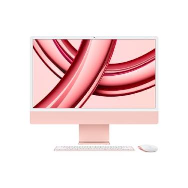 Imagem de iMac. O computador desktop tudo em um da Apple com chip M3 (2023): CPU de 8 núcleos, GPU de 10 núcleos, tela Retina 4.5K 24 pol, 8GB de memória unificada, SSD de 512GB e acessórios na mesma cor. Rosa