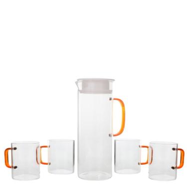 Imagem de Conjunto Jarra 1,1 Litro Com 4 Copos 220Ml de Vidro Alça Colorida Mai Home