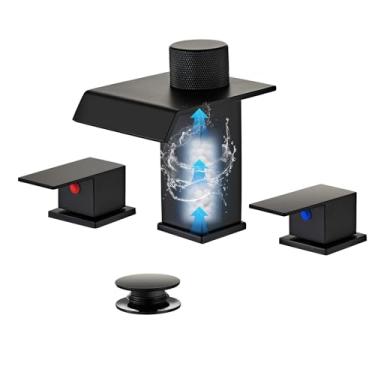 Imagem de Torneira de banheiro preta para pia 3 furos com filtro embutido, torneira de pia de banheiro generalizada cachoeira com dreno pop-up e mangueiras de abastecimento de água, torneira de pia de banheiro