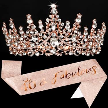 Imagem de COCIDE Faixa de aniversário de 40 anos para mulheres + coroa de 40 anos + broche de pérola - 40 faixas fabulosas tiara acessórios de cabelo presentes decorações de festa e lembrancinhas (40ª faixa,