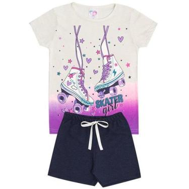 Imagem de Conjunto de Verão Infantil Feminino Blusa Bege e Shorts Preto Patins -