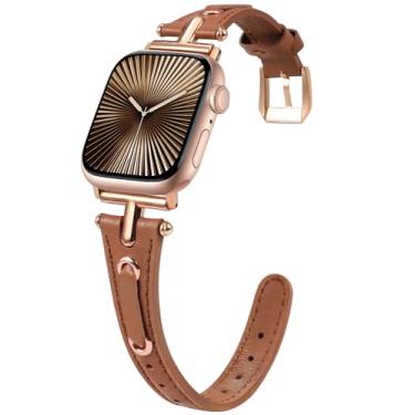 Imagem de Minyee Pulseira de couro compatível com Apple Watch Ultra 2 de 41 mm, 40 mm, 38 mm, 44 mm, 45 mm, 42 mm, 49 mm, ultrafina, vintage, com cordão elegante e fivela de metal em forma de T para Apple Watch