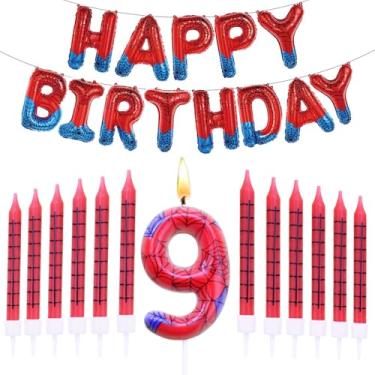 Imagem de Faixa de feliz aniversário com tema de aranha, conjunto de velas de aniversário com tema de aranha número 9, topo de bolo, suprimentos de decoração de festa de aranha (RedBule-9)