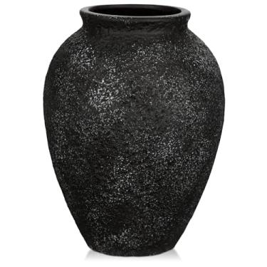 Imagem de Vaso de cerâmica rústico para decoração de casa – Pequenos vasos decorativos pretos texturizados de 17 cm para flores secas, grama dos pampas, plantas falsas – Mesa central moderna Boho de fazenda