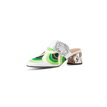 Imagem de TinaCus Sandálias femininas feitas à mão de couro genuíno bordadas, fechadas, bico fino, salto bloco com strass, Verde, 35