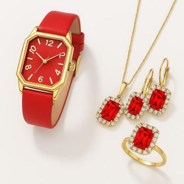 Imagem de Relógio Feminino Vermelho Luxo + Colar Brinco Anel