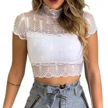 Imagem de Cropped Top Renda Bojo Sexy Gola Alta Manga Curta Blogueira - Swiss Bo