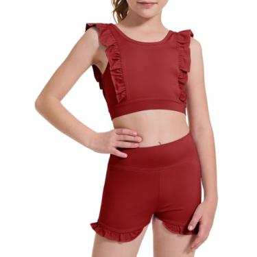 Imagem de CharmWM Conjunto de 2 peças para meninas, conjunto atlético com babados, sutiã de treinamento, short curto com cintura alta, shorts de dança de 3 a 10 anos, Vermelho, 3-4 Years