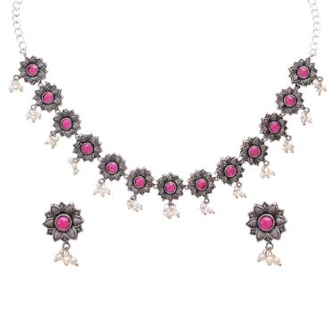 Imagem de Efulgenz Conjuntos de joias indianas para mulheres Oxidado Boho Prata Rosa Cristal Pedra Faux Pearl Conjuntos de Colar Brincos Pingente de Gota Declaração Gargantilha Colar Conjunto de Brincos, Cobre