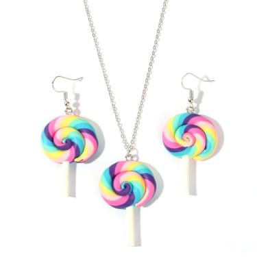Imagem de Lindo conjunto de colar de brincos de arco-íris de pirulito colorido para mulheres argila macia adorável doce doce açúcar pingente pingente gancho hipoalergênico joias modernas para filha Bff Xmas