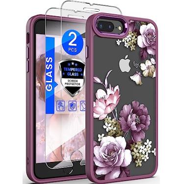 Imagem de Dretal Capa para iPhone 8 Plus, capa para iPhone 7 Plus e 6 Plus, capa protetora de telefone feminina e 6 Plus, capa protetora de telefone com flor fina e borda macia com protetor de tela de vidro temperado (roxo)