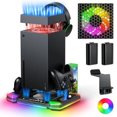 Imagem de MENEEA Ventoinha de resfriamento automática e acessórios de suporte de carregamento para console Xbox Series X com 11 modos de luz, base de carregador sem fio de controle duplo, 2 baterias