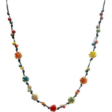 Imagem de Colar boêmio colorido hippie longo para mulheres, elegante, praia, verão, flores de cerâmica, colares com contas, joia de declaração, nó de corda, vintage, nativo, americano, moda, férias, acessório