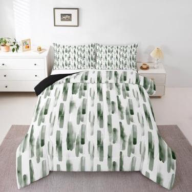 Imagem de Erosebridal Conjunto de edredom Queen listrado verde sálvia, verde e branco, geométrico, abstrato, arte, estética, tinta, enchimento, edredom boêmio, grafite contemporâneo, aquarela, leve