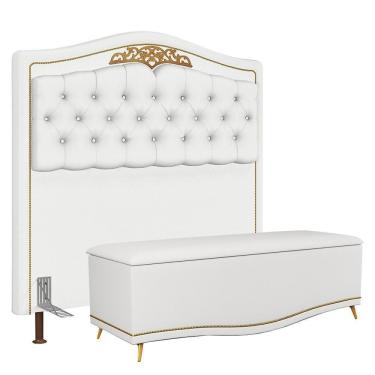 Imagem de Cabeceira Estofada Imperial J02 Queen Corano Branco Com Calçadeira Baú Mpozenato
