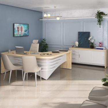 Imagem de Conjunto Consultório 2 Peças Mesa Diretor Em L Com Balcão Artany Carvalho/Branco