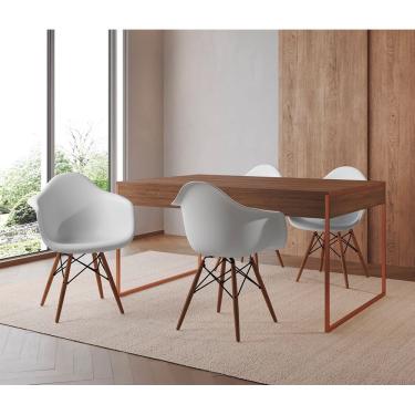 Imagem de Mesa Jantar Industrial Filadélfia Amêndoa 137X90Cm Base Cobre Com 4 Poltronas Brancas M Marrom