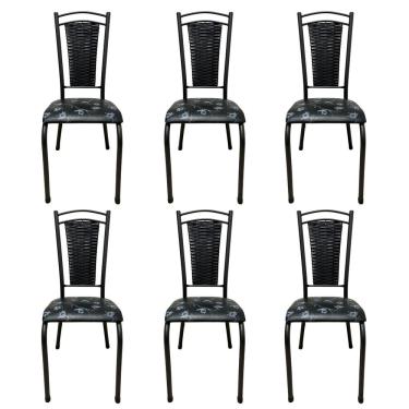 Imagem de Kit 6 Cadeira De Cozinha Tubular Aço Estofada Encosto Junco Flor