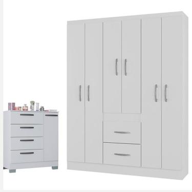 Imagem de Cômoda 868 4 Gavetas E 1 Porta Com Guarda Roupa Casal Milão 6 Portas Branco Brilho - Poquema