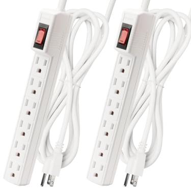 Imagem de PLUGTUL Protetor De Surtos Para Régua Energia 7,6 M, 6 Tomadas, 1875 W/15 A, 90 Joules, Proteção Contra Sobrecarga, Suporte Parede Escritório Doméstico, Branco, Pacote Com 2