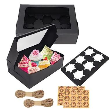 Imagem de GUIFIER 20 Caixas Para Cupcakes De Confeitaria Com Janela E Inserções, Recipientes Transporte, 6 Suportes Padrão, Guloseima Muffins Papel, Presente Mini Bolos, Biscoitos, Sobremesas, Doces (Preto)