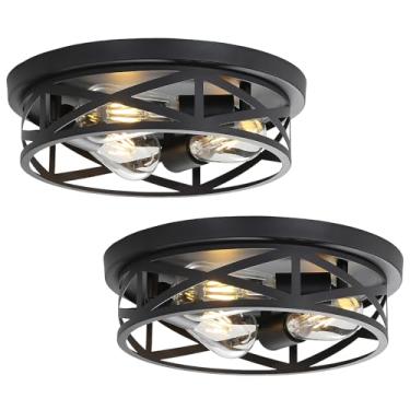 Imagem de DOXVIEZE Pacote Com 2 Luminárias Embutidas No Teto, Estilo Fazenda, Gaiola De 13", 3 Luzes, Semi-Luminária Industrial Metal Para Corredor, Cozinha E Quarto, Pretas