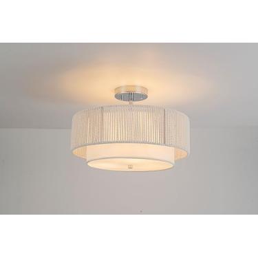 Imagem de SineRise Luminária De Teto Embutida Em Rattan 16'', Luz Boho Trançada À Mão Com Tambor 2 Camadas, Fazenda Para Sala Estar, Cozinha, Hall Entrada Quarto, Etc. (Branca)