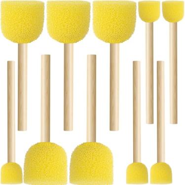Imagem de Pndeyo 10 pincéis redondos de esponja para pintura, 2 tamanhos de pincéis de espuma com cabo de madeira, ferramenta de coloração de pincel de esponja para artes e artesanato DIY - amarelo