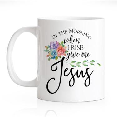 Imagem de RZHV In The Morning When I Rise Give Me Jesus Caneca novidade 325 ml, caneca de café floral engraçada para cristãos, presentes de fé religiosa para mulheres, sala de oração, versículo bíblico