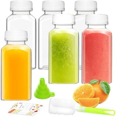 Imagem de ztarraum Garrafas de suco de plástico, recipientes de suco reutilizáveis com tampas brancas à prova de adulteração, escova, funil e etiquetas, recipientes de suco transparentes para sucos, vitaminas e
