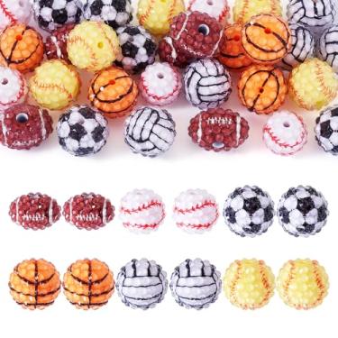 Imagem de KISSITTY 30 peças de contas esportivas de resina com tema de bola de strass grossas brilhantes rugby beisebol vôlei basquete contas soltas pingentes de futebol para canetas, cordões, chaveiros