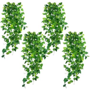 Imagem de DomeStar 4 peças de plantas falsas para pendurar, videiras artificiais de hera realista, decoração de parede para decoração de parede para ambientes internos e externos, casa, escritório, banheiro