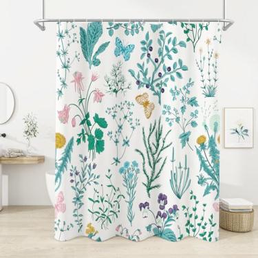 Imagem de Litabel Cortina de chuveiro floral azul-petróleo com flores silvestres vintage e borboleta para decoração de banheiro floral Cottagecore, verde botânica, impermeável, para banheiro de fazenda com