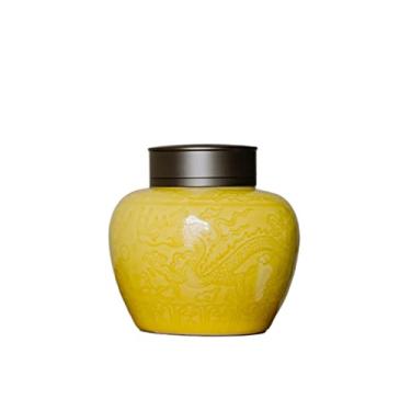 Imagem de Recipiente de chá de cerâmica vintage estilo chinês com tampas duplas herméticas e esmalte de nuvem de dragão oriental auspicioso, frascos de armazenamento de chá amarelo, latas de chá, latas de chá