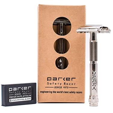 Imagem de Parker Safety Razor, Navalha de segurança aberta borboleta modelo 60R de borda dupla e 5 lâminas Parker Premium Platinum