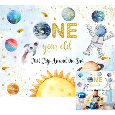 Imagem de Pano de fundo do espaço sideral astronauta planeta 1º feliz aniversário fotografia fundo para crianças, meninos, galáxia azul para a lua, universo, primeira viagem ao redor do sol, faixa de fundo de