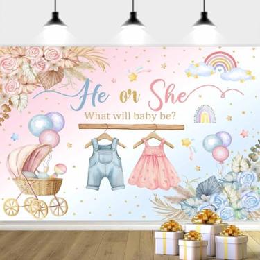 Imagem de Pano de fundo revelador de gênero para fotografia de chá de bebê - floral aquarela rosa e azul com design de balão, decoração de festa para chá de bebê, decoração de bolo para mesa de fotos, cenário