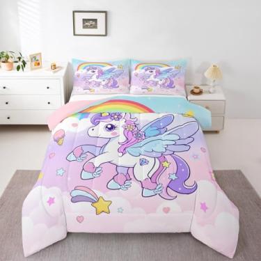 Imagem de Feelyou Conjunto de edredom de unicórnio, fofo, solteiro, com glitter, para crianças, meninos, meninas, conjunto de edredom de animais fofos, respirável, macio, leve, microfibra para decoração de