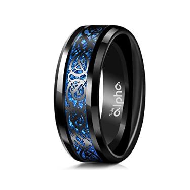 Imagem de Truly Alpha Aliança de casamento masculina de titânio de titânio de dragão celta para homens | Anel masculino de titânio polido com bordas chanfradas de 8 mm | Anel masculino de titânio dragão celta azul e vermelho com incrustação de fibra de carbono, 12, Metal não precioso, Sem pedra preciosa