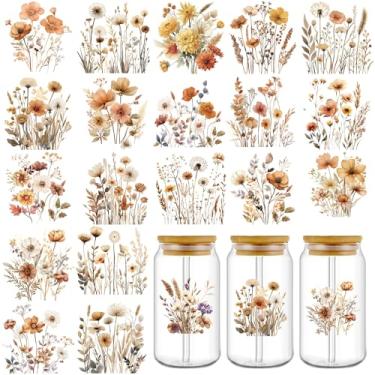 Imagem de 20 peças de envoltórios de copo Boho Floral UV DTF: flor estética hohemian UV DTF envoltório de copo para vidro de 473 ml, decalques adesivos Uvdtf à prova d'água esfregar em transferências para