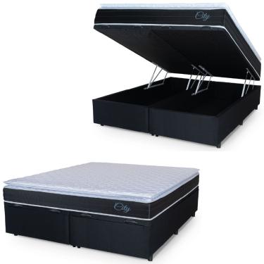 Imagem de Cama Box Baú Casal Queen Colchão C/ Molas Ensacadas City Pillow Top 158x198x64cm Hellen Preto/branco