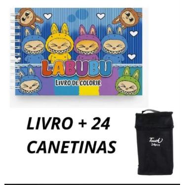 Imagem de Kit Livro Labubu Colorir Capa Dura Azul + Estojo Canetinhas 24 Cores -