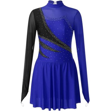 Imagem de Vestido De Patinação Artística Feminina Vestidos De Patinação Artística Desempenho Strass Balé Dança Collant Vestido Sheer Mesh Manga Comprida Trajes De Patinação No Gelo, White, XL