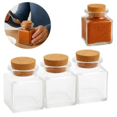 Imagem de 3 Porta Condimentos Tempero Quadrado de Vidro 50 ml C/ Rolha - Freecom